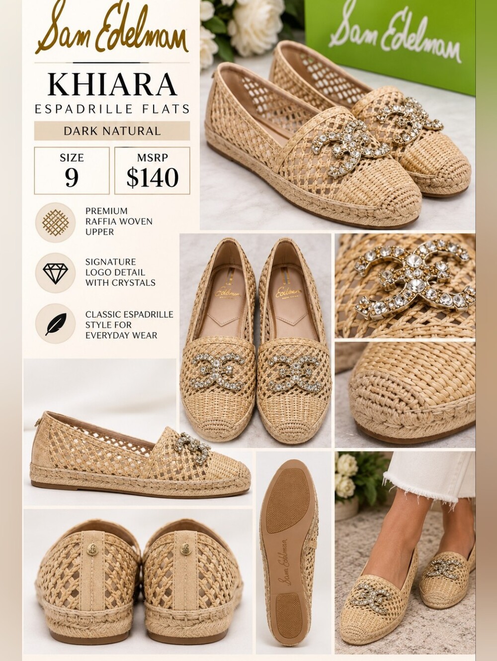 NIB Sam Edelman Khiara Raffia Espadrille Flats in Dark Natural Colorway